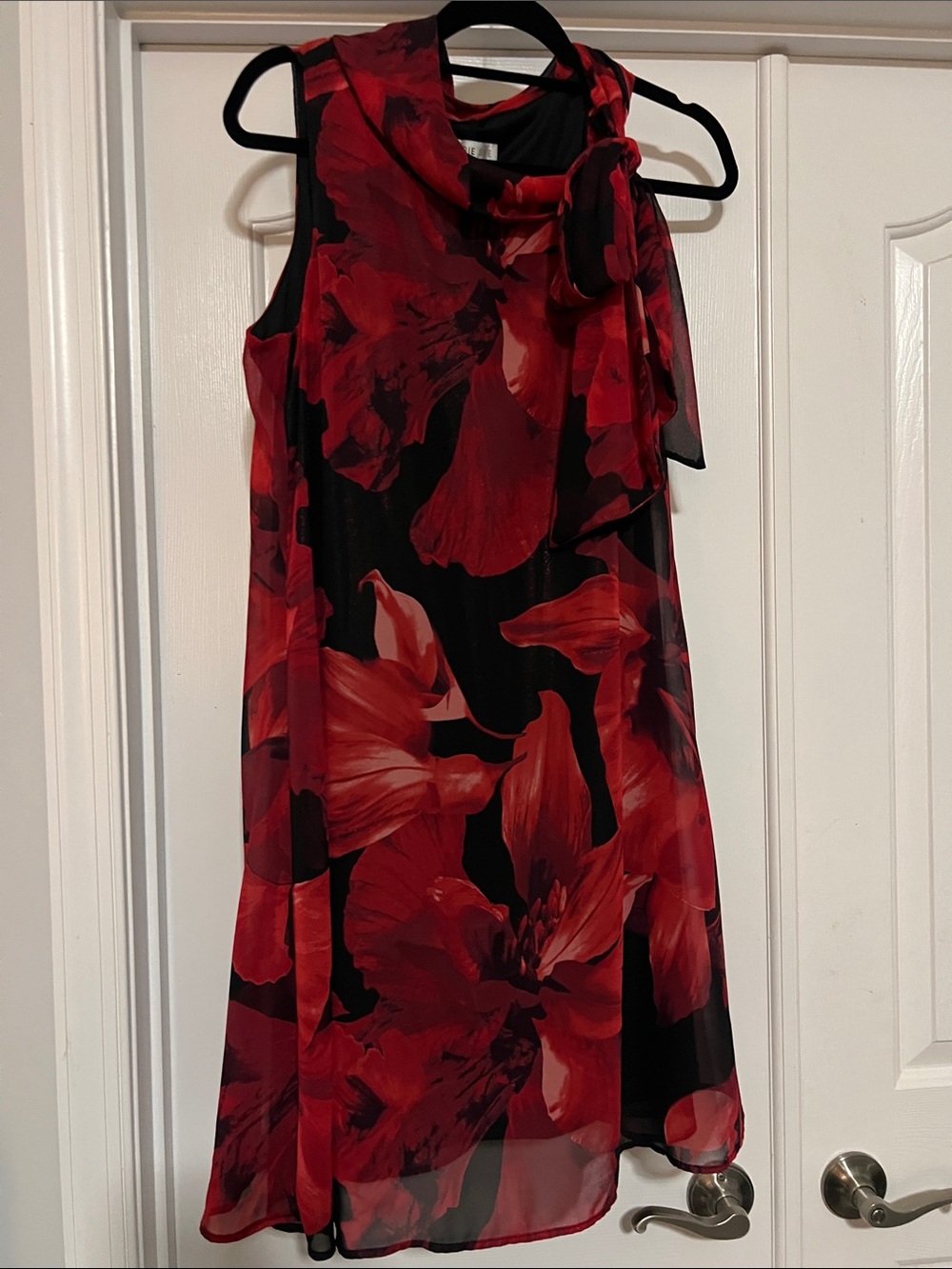 Robbie Bee Black Red Floral Tie-Neck Mini Dress